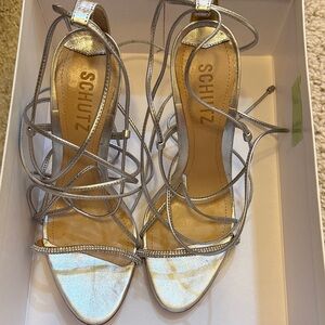 SCHUTZ Metallic Silver Strappy Heels